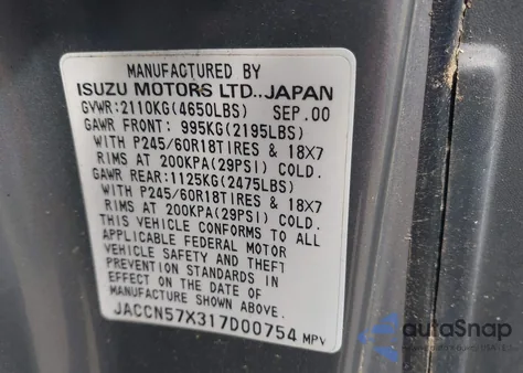 2001 Isuzu Vehicross from USA, damaged, VIN JACCN57X317D00754